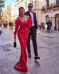 Sukienki swobodne czerwone koraliki cekinowa sukienka wieczorowa 2023 Koronkowe aplikacje syrena Prom Elegancki długi zamiatanie pociągu formalne suknie imprezowe