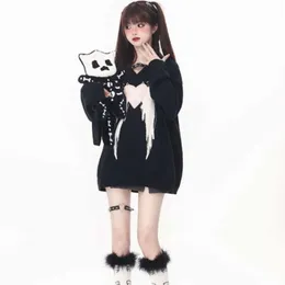 DeepTown Gothic Emo Angel Print Bluza Kobiety Y2K HARAJUKU Black Oversize Hoodie Korean Streetwear Long Rleeve Top