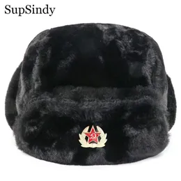 Czapki czapki suppsindy sowiecka odznaka Ushanka mężczyźni bombowce czapki cccp armia pilot traper żołnierz hat zima faux królik futra earflap śnieg 230907