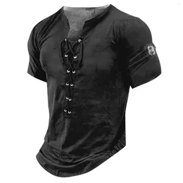 Мужские футболки, мужская винтажная футболка с v-образным вырезом, повседневная хлопковая футболка с коротким рукавом, летняя модная футболка на шнуровке с 3D цифровым принтом, мужская одежда