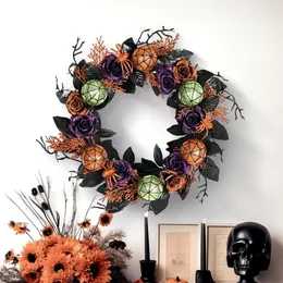 Andra evenemangsfestleveranser Halloween Wreath Spooky Spider Rose Wreath Garland med bollprydnader för ytterdörrdekoration 230906