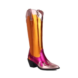 Stivali da cowboy da cowgirl per donna Argento metallizzato Zip con tacco impilati Stivali occidentali a metà polpaccio Casual Scarpe di lusso di marca ricamate per scarpe da festa per ragazze