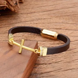 Charm Bracelets Gold Color Cross Stainless Steel Bracelet Classic Brown Leather Wristband Accessories Women's Hand Jewellery Love