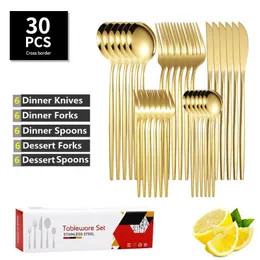 Flatware Sets Gold stainless steel tableware knives forks Western cuisinesteak, knives, forks, spoons, 30 piece set of light luxury gift boxes Portuguese tableware