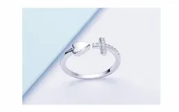 Bröllopsringar Verkligen 925 Sterling Silver Rhinestone Cross Ring Geometric Heart Justerbar öppning för Women Gift 9005