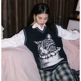 ディープタウン韓国ヴィンテージキャットブラックセーターベスト女性日本語スタイルの漫画編みトップハラジュクストリートウェア90S特大ジャンパー