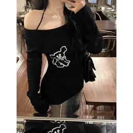 Deeptown Coquette Gyaru Off Shoulder Black Tshirts Women Y2K Streetwear Kpop Long Sleeve 슬림 티셔츠 고딕 미적 탑