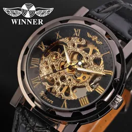 Winner Fashion Gold Black Roman Number Dial Luxury Design Clock Mens Watch Top Brand Cool Mechanical Skeleton Male Wrist Watches249w