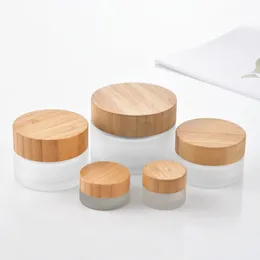 Frosted Glass Cosmetic Jars Empty Cream Bottles Travel Size 5g 15g 30g 50g 100g Cosmetic Container with Natural Bamboo Lids and PP Inner Cover