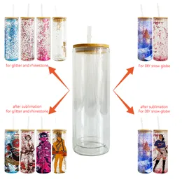 USA warehouse free shipping blank sublimation 20oz double walled glass skinny straight tumbler snow globe for glitter with bamboo lid and straw for customized gifts