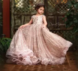 2023 Rose Gold Sequined Flower Girl Dresses For Weddings Lace Sequins Bow Open Back Short Sleeves Girls Pageant Dress Kids Communion Gowns