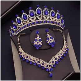 Conjuntos de jóias barroco azul cristal nupcial para mulheres tiaras coroa brincos colar vestido de noiva dubai conjunto 230216 entrega direta dhiub