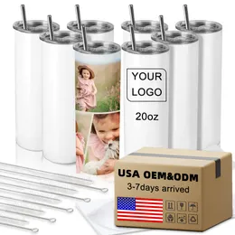 USA/CA grossistbulk 20oz sublimeringsämnen Tumblers White Skinny Straight Isolated Stainless Steel Mugg med lock och halm