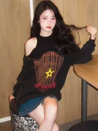 Deeptown Grunge Y2K överdimensionerad stjärna Black Sweatshirt Kvinnor Kpop Hippie Off Shoulder Fake Two Piece Hoodie Korean Style Tops Female