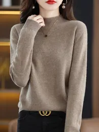 Kvinnors tröjor Aliselect Högkvalitativ 100% Merino Wool Women Sticked Basic Sweater Mock-Neck Långärmad Pullover Autumn Clothing Jumper Top 230907