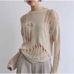 Deeptown Hippie Grunge Hollow Out Beige Sweater Women American Vintage Oversize Knit Top Kpop Basic Irregular Long Sleeve Tops