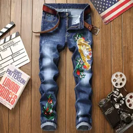 New Style Men's Jeans Pants Tiger Head Embroidered Slim Straight Male Tight Trousers Trend Blue Motorcycle Jeans Streetwear C197d