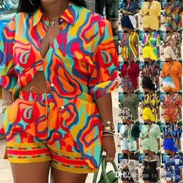 プラスサイズの女性トラックスーツビーチリゾートスタイルの服ファッションプリントブラウスシャツショートパンツ2ピースセットマッチング衣装