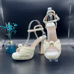 Sacora Mulheres Sandálias SACARIA designer de luxo pérola elegante vestido de casamento sapatos de salto plataforma pérolas couro sandália feminina com tamanho original: 35-41