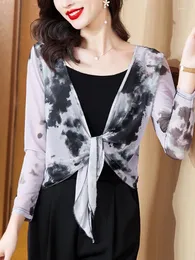 Camicette da donna Camicia con stampa Estate Primavera Maglia cava Top Donna Moda coreana Giacca con scialle vintage con lacci Camicie con aria condizionata