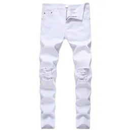 Jeans da uomo bianchi di design strappati pantaloni elasticizzati con bottoni hip-hop in denim skinny effetto consumato thekhoi-6 CXG230982