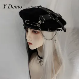 BERETS Y DEMO GOTHIC HANDMADE PU CROSS BUCKLES MOVERABLE PINS Women's Beret Punk Hat Grunge 230907