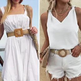 Mode Bohemian Platz Schnalle Elastische Geflochtene Gürtel Frauen Sommer Leinen Weben Gefälschte Stroh Taille Gürtel Kleid Hemd Dekoration