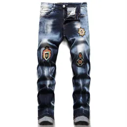 Moda rasgado jeans masculino pintura bordado pentagrama estiramento magro calças magras versátil masculino em linha reta casual streetwear247p