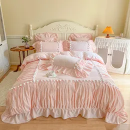 Bedding sets Korean Princess Style 100% Cotton Set Single Queen King Pleat Ruffles White Ball Duvet Cover Bed Sheet Pillowcases 230907