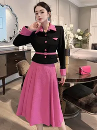 Vestidos de trabalho outono inverno conjunto vestido de duas peças para mulher roupa elegante bloco de cor jaqueta e saia ternos preto conjuntos para mujeres