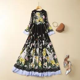 2023 Черное шифоновое платье со вставками и цветочным принтом кролика, повседневные платья миди с длинными рукавами 4/5 и круглым вырезом S3F131624, большие размеры XXL