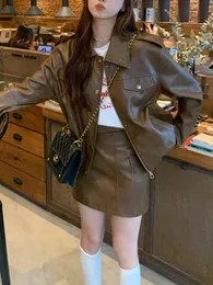 Vintage Style PU Leather Coat Spring and Autumn New Faux Sheepskin Retro Coffee Color Coat Womens Leather Jacket