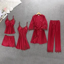 Roupa de dormir feminina cetim de seda vermelho 5 pçs terno senhoras sexy conjunto de pijama feminino renda pijama outono inverno casa wear nightwear para wo256a