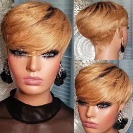 Ombre T1B 27 Ludzkie włosy Krótkie peruki dla czarnych kobiet proste Bob Pixie Honey Blonde Brazilian No Lace Front Peruka z Bang2808