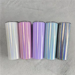 20oz weiß rosa blau schwarz lila Sublimationsrohling holografisch schimmernd glitzernd gerade dünn isolierter Vakuumbecher mit Schiebedeckel und Strohhalm