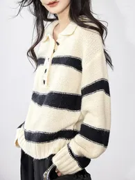 Женские свитера QOERLIN, кашемировый свитер в полоску в стиле Харадзюку, зима-осень 2023, свободные повседневные вязаные топы на пуговицах, модные