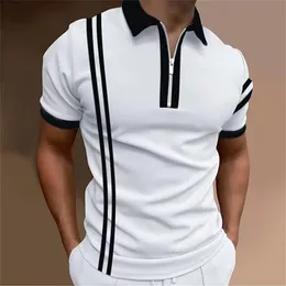 Herrpolos Simple Men's Zip Polo Stripes Lapel Shirts Man Golf 3D Graphic Geometry Turndown Short Hides Zipper Clothing Tops 230907