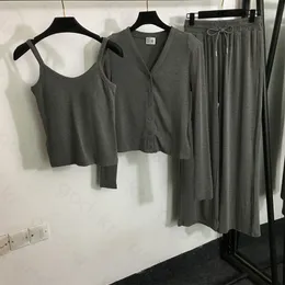 Women Knit Coat Camisole Pants Button Cardigan Jacket High Waist Loose Trousers Sleeveless Vest Sports 3 Piece Set