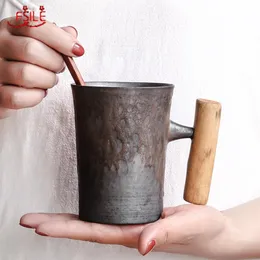 Japanesestyle Vintage Ceramic Coffee Mub kubek Rust Glaze Milk Cup z drewnianym uchwytem229v