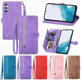 Läder blixtlås Flera korthållare plånbok läderfodral för Samsung Galaxy A54 5G A34 A14 A13 A73 A53 A72 A52 A32 A71 A51 M34 Präglad blomma stativ telefonkonque