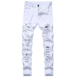 Mens White Black Distressed Holes Skinny Jeans Full Length Denim Pants Street Style Trousers Whole275H