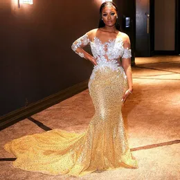 2023 Aso Ebi árabe ouro sereia vestido de baile renda frisada sexy noite festa formal segunda recepção aniversário noivado vestidos de dama de honra vestidos robe de soiree zj376