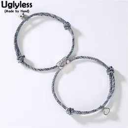 Uglyless 1Pair Lovers Braccialetti Infinity Bracciale a catena con corda regolabile per coppie Argento 925 Mountain Wave Bead Magnet Jewelry C229M