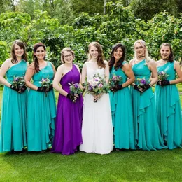 Turquoise Bridesmaid Dresses One Shoulder Simple Ruched Chiffon Tiered Skirt 2023 Country Wedding Guest Formal Maid of Honor Gown