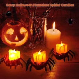 Julekorationer 2 4st Pack Spider Orange Flameless Candles Halloween Decoration Led Candlestick Lights Battery Operated Home Decor Theme Party 230907