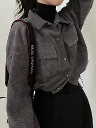 Giacca corta in velluto a coste vintage da donna moda coreana camicette a maniche lunghe con coulisse cappotti monopetto larghi casual femminili 230908