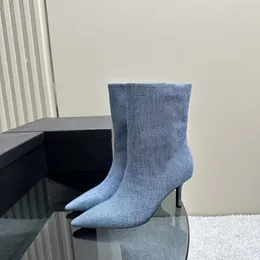 Kadınlar sivri yüksek topuklu botlar moda orijinal deri denim gümüş elbise ayakkabıları 6.5cm pist partisi düğün ayakkabı kutusu 35-40