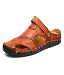 Летние кожаные сандалии, мужские уличные пляжные сандалии на плоской подошве, удобные модные мужские дышащие водные трекинговые туфли, большие размеры 3971457