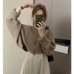 Deeptown Korean Khaki Croped Jumper Women Batwing Sleeve Sweater Cardigan Harajuku Classic Elegant Basic Oversize Knit Top Chic