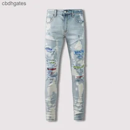 American Amiirii 2023 Purple Jean Jeans Demin męs High Fashion Street Kolorowa gorąca diamentowa łatka Live Slim Fit